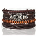 Bracelet multicouche en cuir fait main avec perles en bois et breloque en métal fleuri - Ensemble de 4 Pièces (Cuir Marron Foncé + Perles de Bois Orange-Brun + Métal Fleur) / café