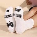 White cotton gaming socks featuring black 'I'M GAMING DO NOT DISTURB' non-slip print - One Size / White