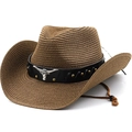 Brown woven straw cowboy hat with longhorn bull skull buckle and adjustable chin strap - M (56-58cm) / Coffee