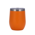 Close-up of a 12oz orange matte vacuum insulated egg tumbler with a clear lid and steel rim - Orange
