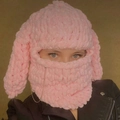 Pink handmade crochet bunny ear balaclava with long ears and decorative gold chain - Pink (No Accessories)