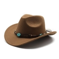 Détail du chapeau de cowboy marron avec perles turquoise et bandeau en cuir tressé - M (56-58cm) / Kaki