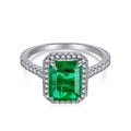 S925 sterling silver ring with emerald cut green zircon and halo pavé setting - Classic Halo Rectangular Green Gemstone
