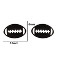 Detailed size view of black American football stud earrings showing 10mm x 6mm dimensions - Rugby Ball / Black