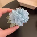Light blue fabric flower hair clip with delicate green lace leaves for women - Small Blue Flower Claw Clip