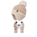 Winter beige knitted earflap hat with faux fur pom and touchscreen gloves set - Beige