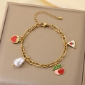 Gold bracelet with red cherry, strawberry, pearl, and cake charms in a pastoral fruit style - Strawberry Pearl Cherry Cake Style(KB203461-Z)
