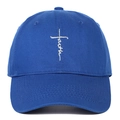 Detail of white faith cross embroidery on a dark blue cotton twill baseball cap - Adjustable / Blue