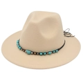 Detailed shot of beige wide-brim fedora hat with bohemian turquoise bead and metal band - M (56-58cm) / Beige