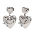Pendientes de corazón en acero inoxidable plateado con patrones de estrellas grabados - Color Acero (Plata)