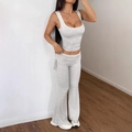 Women's two-piece grey ribbed set with a sleeveless crop top and flared leg trousers - S / Mottled Grey