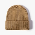 Chunky ribbed knit beanie in camel brown color with a classic cuffed brim design - Khaki