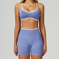 Ensemble de yoga lilas avec liserés blancs et short côtelé à taille haute - S / Soutien-Gorge+Short - Bleu/Blanc Contrasté