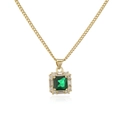 Detail view of 18K gold plated necklace with square green zircon and crystal pave stones - Gold/Green