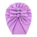 Detail of soft purple baby cotton knit hat featuring three cute bows on a white background - Light Purple