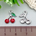 Red enamel and rhinestone cherry pendants for DIY keychains on a measuring scale - 1Pc Small Red Cherry