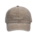 Close-up of white mama embroidery on washed khaki cotton vintage baseball cap - Khaki