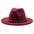 Detail of burgundy fedora hat with brown leather strap and metal buckle decoration - Burgundy