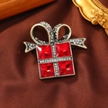 Broche boîte cadeau de Noël vintage avec pierres rouges et strass blancs scintillants - Broche Boîte Cadeau Cristal Carré / Rouge