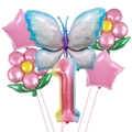 Detailansicht von Schmetterling- und Blumen-Folienballons mit großer Nummer 1 für Geburtstage - Farbverlauf Stil 1