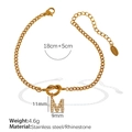 Gold stainless steel bracelet with rhinestone letter M pendant and size measurements - Letter M Rhinestone Gold Bracelet (SL100 White Rhinestone M)