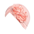 Pink pleated turban hat with two large 3D fabric flowers for yoga or chemotherapy - One Size / Champagne