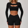 Dames zwarte holle yoga top met lange mouwen en crossover short met hoge taille set - S / Premium Zwart
