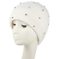 White winter knit beanie for women with sparkling rhinestone accents and soft fleece lining - L (58-60cm) / White