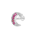 Silver moon piercing jewelry with pink zircon and white pearl on a flat screw back - Silver Crescent / Purple Stone (K-934)