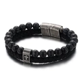 Pulsera de cuero trenzado de doble capa para hombre con cuentas de mármol y cruz - Negro