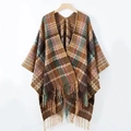 Mantella in maglia boho con motivo a zigzag e frange in toni marroni e verde - Motivo a Onde Caffè