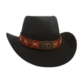 Schwarzer Cowboyhut mit Lederband und bronzener Stierschädel-Metallschnalle im Western-Stil - Einheitsgröße / Schwarz