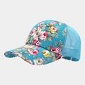 Detail of floral peony pattern on blue baseball cap with breathable mesh panel back - Adjustable / Blue