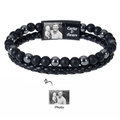 Customized double-layer leather and black bead bracelet with photo engraved magnet clasp - Style 12 (Custom Photo)