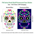 Glow-in-the-dark Day of the Dead sugar skull face tattoo stickers, 14.5x21cm sheet - FW-004