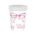 Dettaglio di bicchieri di carta usa e getta con fiocco rosa acquerello e testo Happy Birthday - Bicchieri di Carta 10 pz