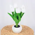 Solar powered white tulip lamp with 5 flowers and ceramic pot for home decor - 6 Heads-White-Battery Style