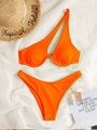 Two-piece vibrant orange ribbed bikini set with one-shoulder cutout and underwire support - XS / Orange