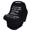 Detail of black stroller cover with I'm too young to fight germs printed text design - Black