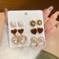 Set of 6 gold pearl and enamel earrings featuring hearts and geometric floral designs - Red Heart/Pearl (4# Silver Earring Post)