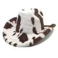 Chapeau de cowboy d'hiver en peluche à motif vache avec texture douce et large bord - M (56-58cm) / Vache Café