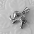 Detailed silver elephant pendant in stainless steel with textured finish and hanging loop - Elephant / Steel