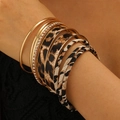 Vintage leopard print multi-layer bracelet set with gold metal and rhinestone accents - Leopard Stackable Style (A-630)
