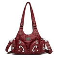 Deep red pebbled leather tote bag with silver flower zippers and detachable shoulder strap - Burgundy