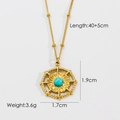 Detailed view of sunburst gold necklace with turquoise inlay and size parameters - Amazonite