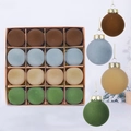 Set of 16 flocked Christmas balls in four vintage colors with hanging gold strings - Style One (Brown, Light Blue, Beige, Green)