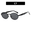 Retro oval sunglasses with black metal frame and dark grey lenses, C7 variant model - Black Frame Full Grey