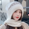 Winter knitted beige hood scarf with earflaps and a fluffy pom-pom for extra warmth - Pattern Style / Off White