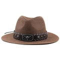 Close-up of leather hatband with vintage silver bull head and star studs on straw hat - M (56-58cm) / Brown