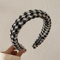 Padded knit plaid headband in black and white tweed with golden metallic threads - Black Plaid Tweed Gold Thread